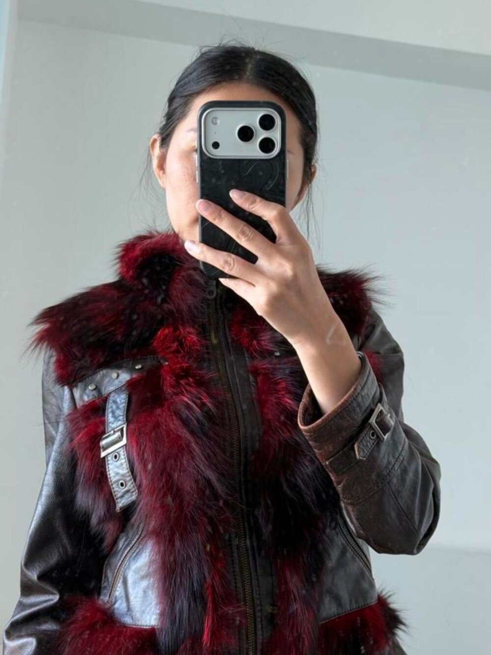 Vintage Y2K Red Fur Jacket with Leather Accents